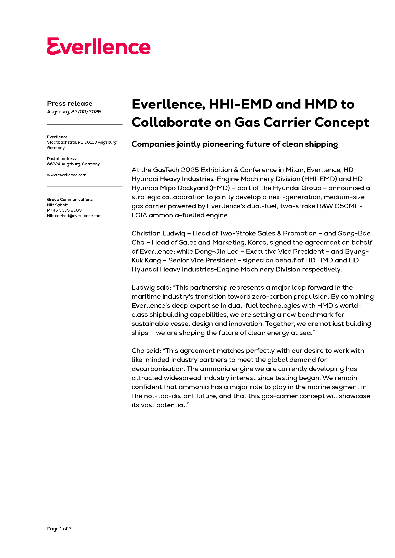 Everllence, HHI-EMD and HMD to Collaborate on Gas Carrier Concept